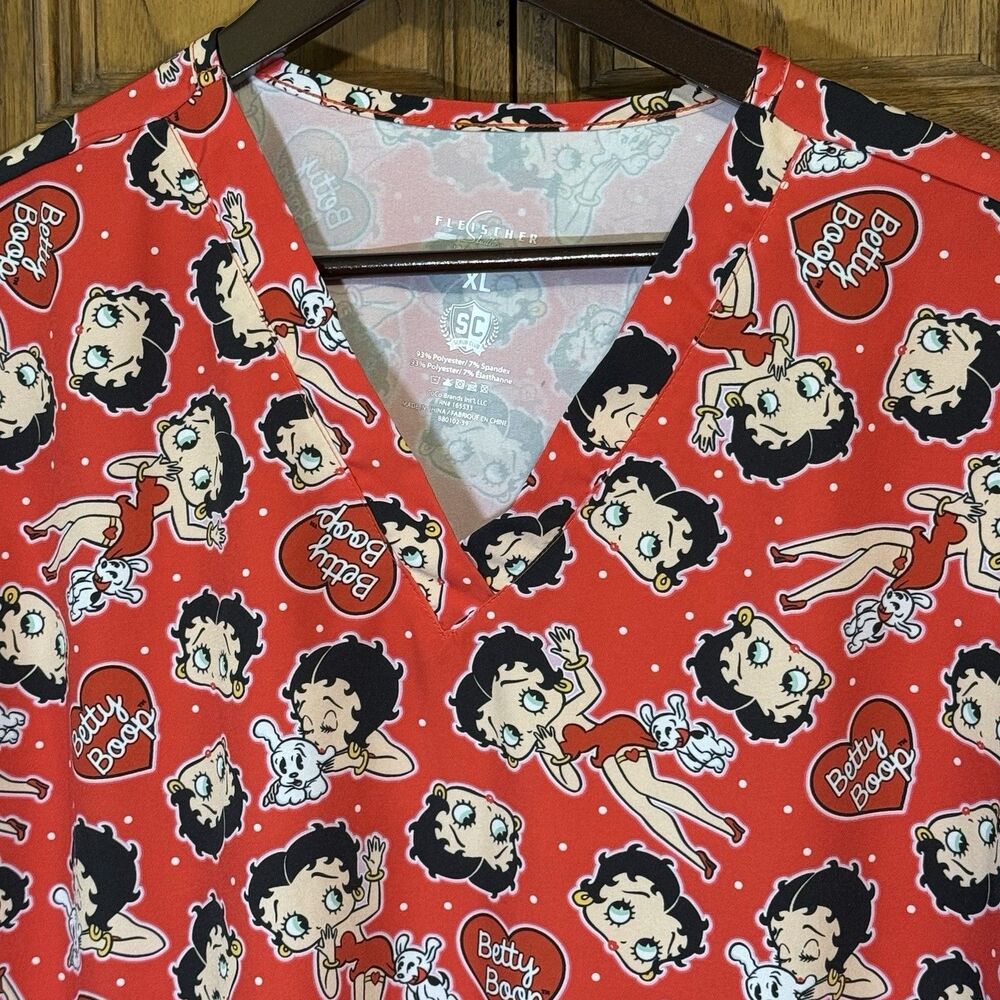 Betty Boop Fleischer Top Womens XL Poly Spandex Scrub Club 4 Pockets Loop V-Neck